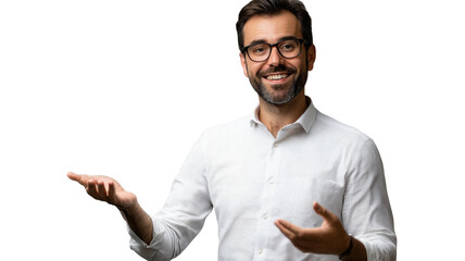 Man with glasses smiles and gestures during a friendly conversation, creating a warm and inviting atmosphere.