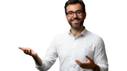 Man with glasses smiles and gestures during a friendly conversation, creating a warm and inviting atmosphere.