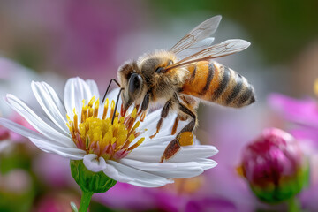 Honeybee collecting pollen from a white flower