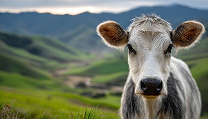 Holstein Cow Grazing Peacefully in Lush Green Pasture Under Soft Evening Light on Scenic Farm