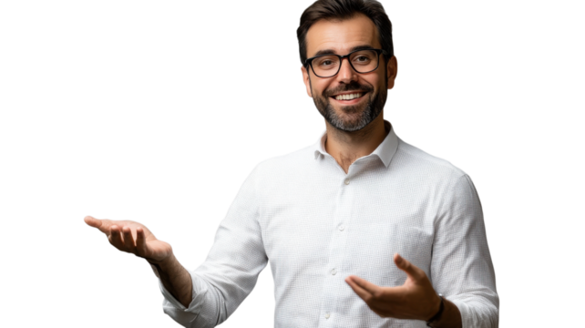 Man with glasses smiles and gestures during a friendly conversation, creating a warm and inviting atmosphere.