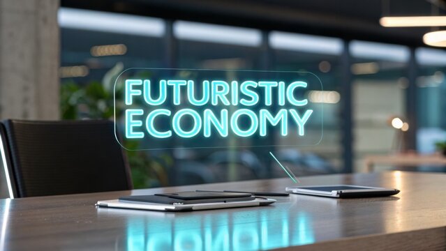 Futuristic economy hologram on a desk in a modern office environment