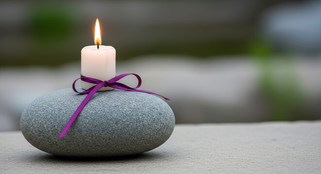 Symbolic Suicide Loss Day image featuring soft candlelight and purple ribbon on smooth gray stone. Suicide Loss Day theme is conveyed with a gentle light and memory ribbon,