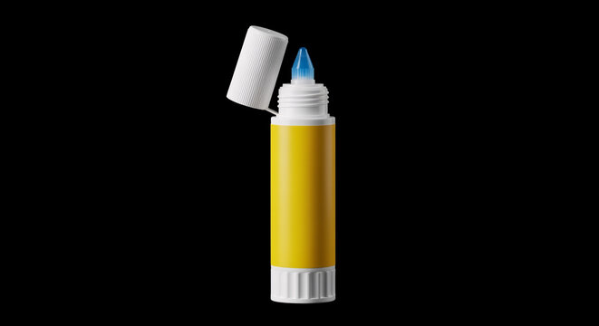 Isolated yellow and white glue bottle with blue applicator and open cap on a black background