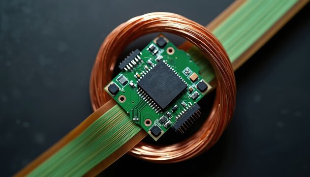 Green printed circuit board with black microchip, small electronic components rests on flexible flat ribbon cable. Coiled copper wires tightly encircle central tech element. Macro image highlights