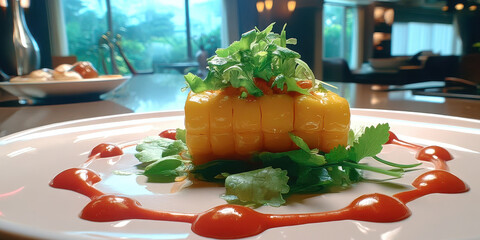 Tamale with chili foam, fine dining plated tamal garnished with microgreens and cilantro, vibrant sauce accent