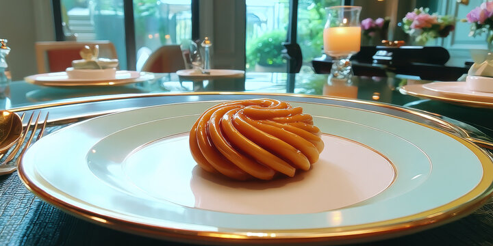 Caramel swirl dessert on fine dining plate elegant plated pastry with candlelit table setting warm ambiance