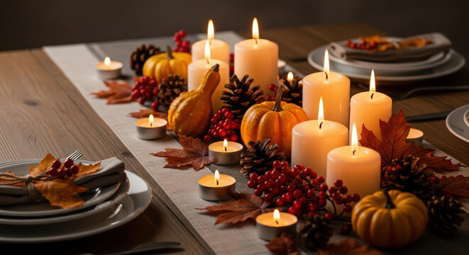 Thanksgiving table centerpiece featuring gourds, candles, and autumn foliage for festive Thanksgiving. This Thanksgiving centerpiece, adorned with miniature pumpkins and pine cones,