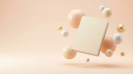 Obraz premium A floating book in a pastel peach and cream studio, surrounded by abstract geometric floating spheres, soft studio lighting, hyper-realistic 3D render