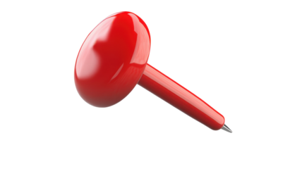Bright red push pin stands upright on a white surface, showcasing its smooth finish and functional design.