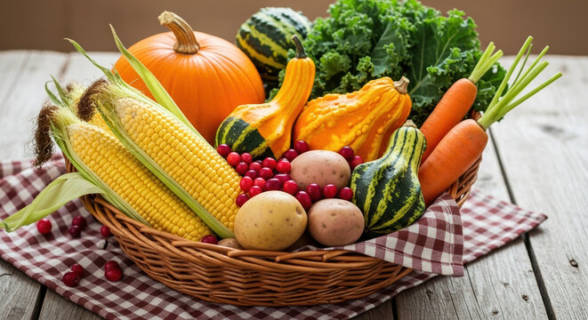 Bountiful Thanksgiving harvest with pumpkin, corn, and kale in basket. This Thanksgiving abundance is a display of nature's beauty with gourds, carrots, and cranberries arranged on checkered cloth. - Powered by Adobe