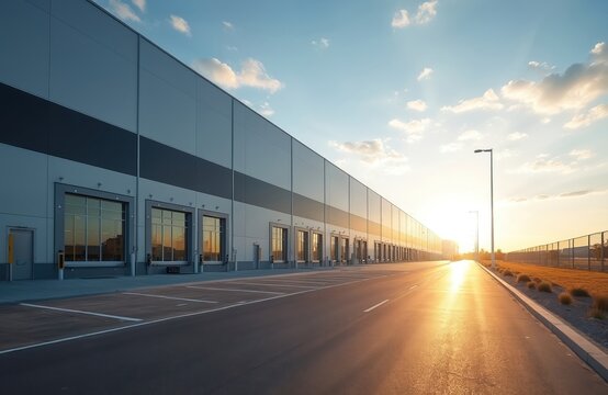Large modern industrial factory building with many loading dock doors. Sunset golden light reflects on long gray facade, empty asphalt road, vast parking area. New commercial logistics distribution