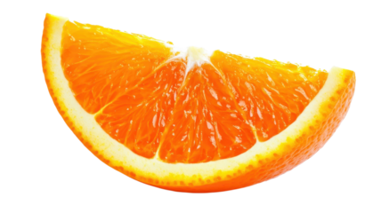Freshly cut orange slice showcasing vibrant color and juicy texture on a white background.