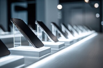 Modern Smartphones Displayed on Illuminated Stands in a High-Tech Retail Environment.