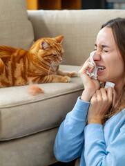 Woman Sneezing While Orange Tabby Cat Lies on Couch - Allergy Suffering