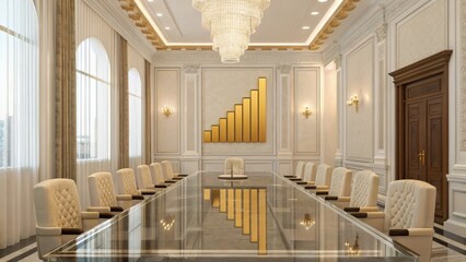 Opulent conference room with a long table and elegant chairs for meetings