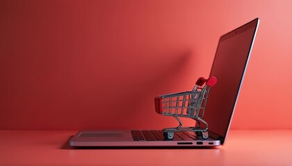 Red shopping cart on laptop keyboard. Online retail, e-commerce, digital marketplace. Photo suggests internet sales, modern commerce, virtual store. Deals for buying goods, services via tech, secure