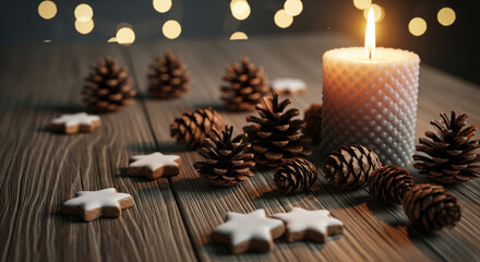 Festive arrangement with candle pine cones and star cookies