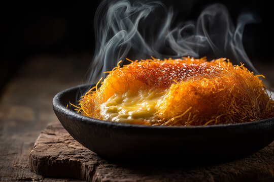 Hot Turkish k&uuml;nefe dessert, steam rising, melted cheese inside, crispy golden kadaif