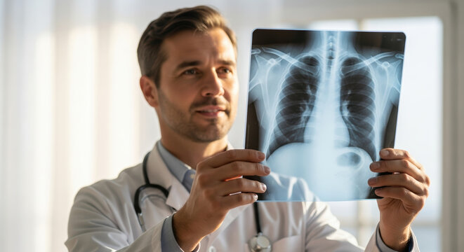 Tuberculosis screening with doctor examining chest X-ray for diagnosis. Tuberculosis requires thorough examination of lungs by medical professional, and diagnosis is critical for treatment.