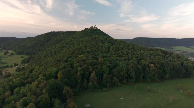A flight above Dettingen Teck towards the Castle Teck which is located high above the mountain 