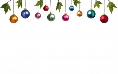 Colorful Christmas ornaments hanging on strings with decorative leaves on a white background. High quality