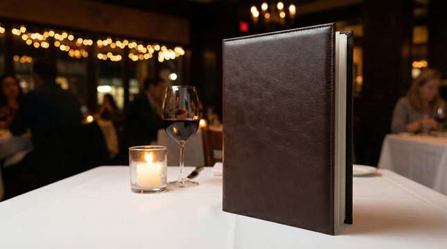 A leather-bound menu standing upright on a table with a white tablecloth, candle light, wine glass, blurred restaurant background