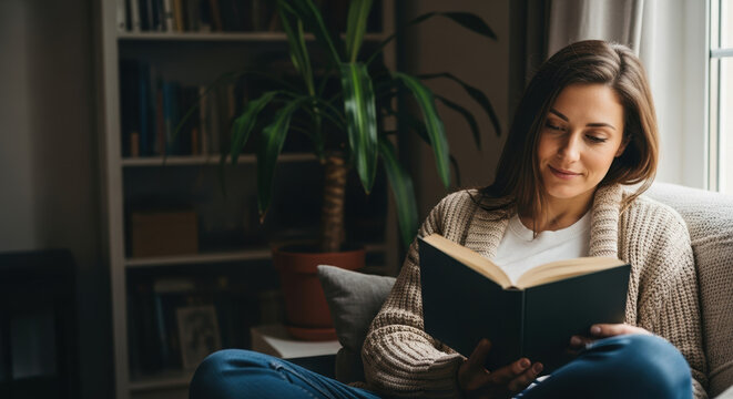 Unposed leisure scenes show woman reading book near window in living room, enjoying quiet time at home. Unposed leisure scenes include relaxing pastime in warm light.