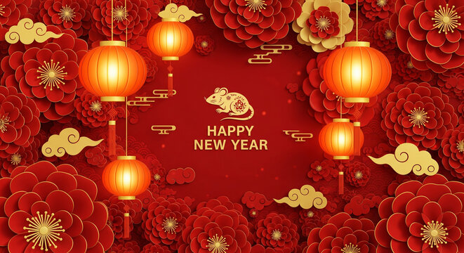Festive chinese new year illustration with lanterns and floral decorations