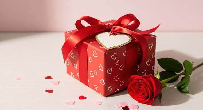 Valentines Day theme with gift box decorated with hearts and ribbon, a symbol of love and affection. Valentines Day presents a beautiful rose beside red gift.