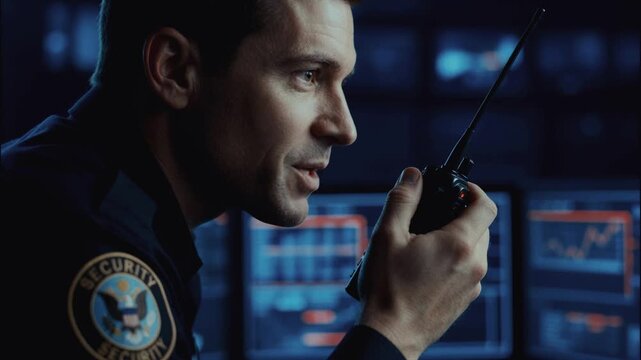 Close-up of a security guard speaking into a walkie-talkie radio in a control room. Male officer in uniform communicating while monitoring surveillance screens. Safety and protection concept