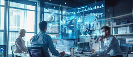 Modern business team analyzing data on a large digital screen with holographic charts and virtual interface. Concept of artificial intelligence, analytics, innovation, teamwork, cybersecurity,