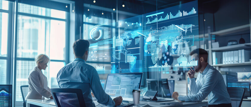 Modern business team analyzing data on a large digital screen with holographic charts and virtual interface. Concept of artificial intelligence, analytics, innovation, teamwork, cybersecurity, - Powered by Adobe