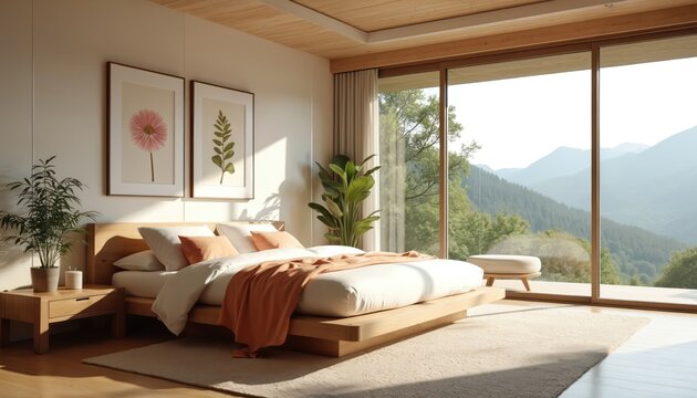 Cozy modern bedroom with large window offers scenic mountain views. Minimalist wood furniture includes low bed and nightstand. Orange accent blanket and botanical art add warmth to this serene space.
