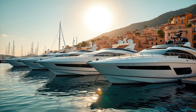 Luxury yachts docked in a sunny harbor with town hillside in background. Modern expensive boats rest on calm blue water by pier. Idyllic seaside vacation resort.