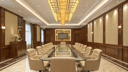 Elegant conference room with a long table and comfortable chairs