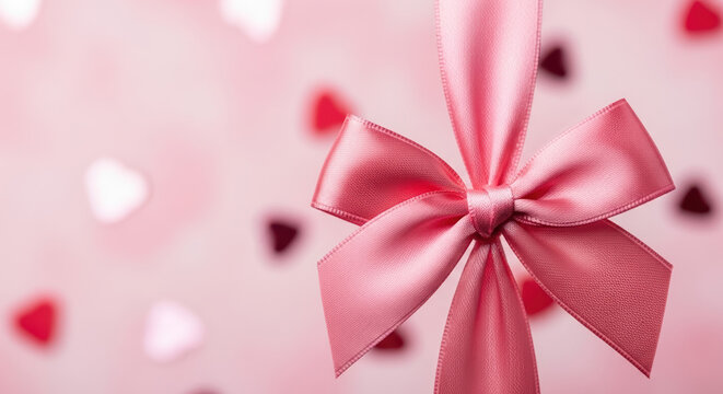 Pink ribbon bow for Valentine's Day conveys a sweet message of love and affection. Valentine's Day decorations include soft pink bow against a bokeh heart background.