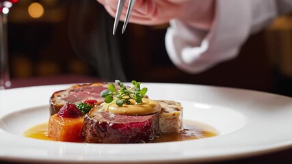 Chef meticulously garnishing a gourmet dish, fine dining experience culinary masterpiece