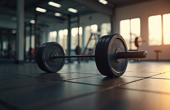 Barbell with black iron plates on gym floor at sunrise. Heavy equipment for weightlifting, bodybuilding or powerlifting workout. Sport club is ready for intense strength training and muscle exercise.