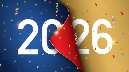 Celebrate 2026 with shimmering confetti and vibrant colors, a year of new beginnings and exciting possibilities, perfect for event promotions