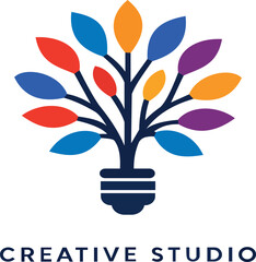 This logo features a stylized tree made up of colorful leaves, symbolizing creativity and growth. The trunk is designed to resemble a light bulb, signifying inspiration and innovation. The words "Crea