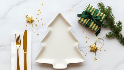 Festive christmas tree shaped plate with gold cutlery and gift