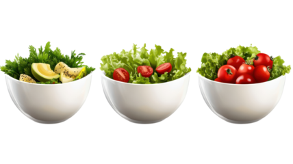 Three bowls display vibrant greens, cherry tomatoes, and lemon slices, perfect for healthy meals and fresh salads.