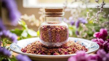 Small glass bottle filled with rose petals and seeds surrounded by flowers