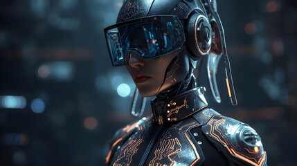 Cyberpunk woman with VR headset immersed in digital world, futuristic technology for gaming, metaverse, and augmented reality, high tech style