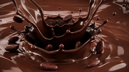 Rich liquid chocolate splash with roasted coffee beans, sweet dessert concept showing indulgent cocoa texture and premium gourmet flavor background.
