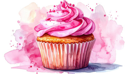 Watercolor Cupcake With Pink Frosting And Sprinkles On Transparent Background For Food Illustrations And Dessert Themed Designs