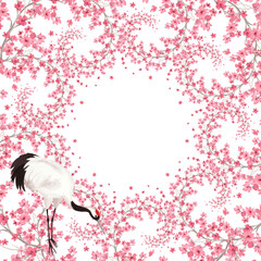 Obraz premium Square frame of spiral shaped sakura branches and japanese crane. Watercolor handmade illustration. For fabric, wallpaper, greeting cards, design, decoration and illustration.