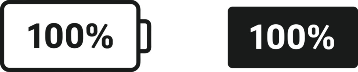 Battery fully charged icons showing 100 percent power level, energy status symbols, digital charge indicators, and full capacity electricity vector illustrations.