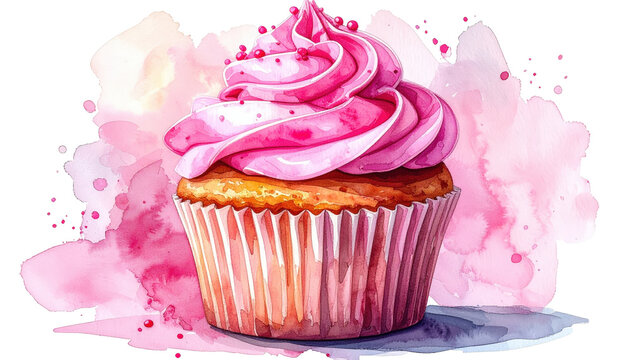 Watercolor Cupcake With Pink Frosting And Sprinkles On Transparent Background For Food Illustrations And Dessert Themed Designs